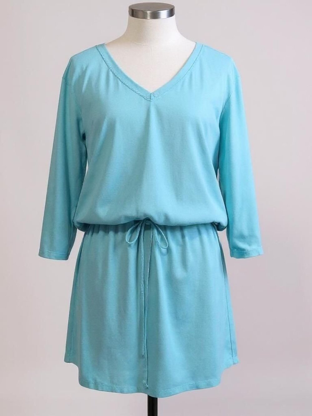 Soft Surroundings Aqua Blue Mini Dress Size L Drawstring Waist 3/4 Sleeve Womens